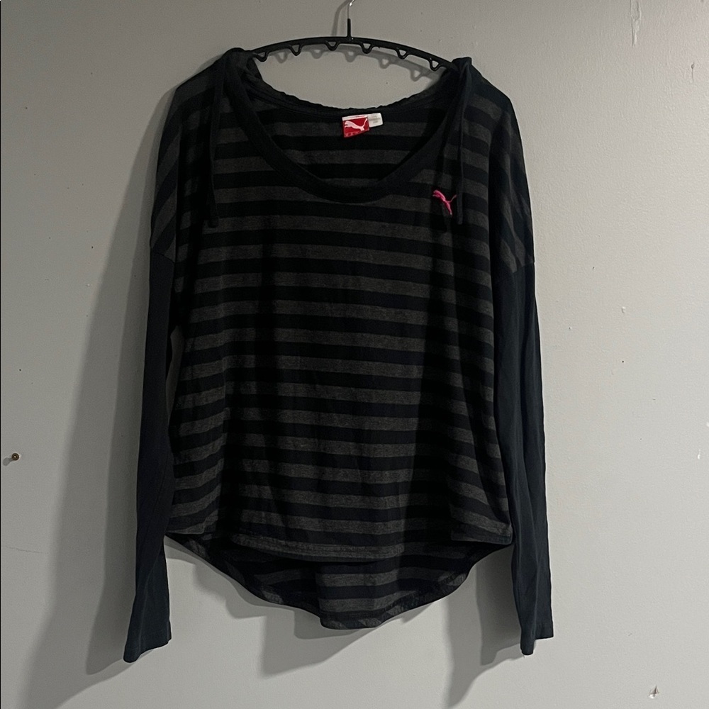 Puma Women's Long Sleeve Black Striped Hooded Tee Medium